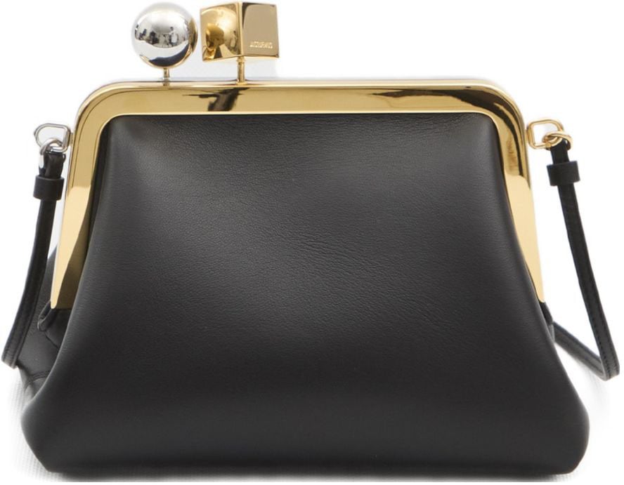 Jacquemus Sleek Black Bag with Metallic Gold Frame and Unique Clasp Zwart