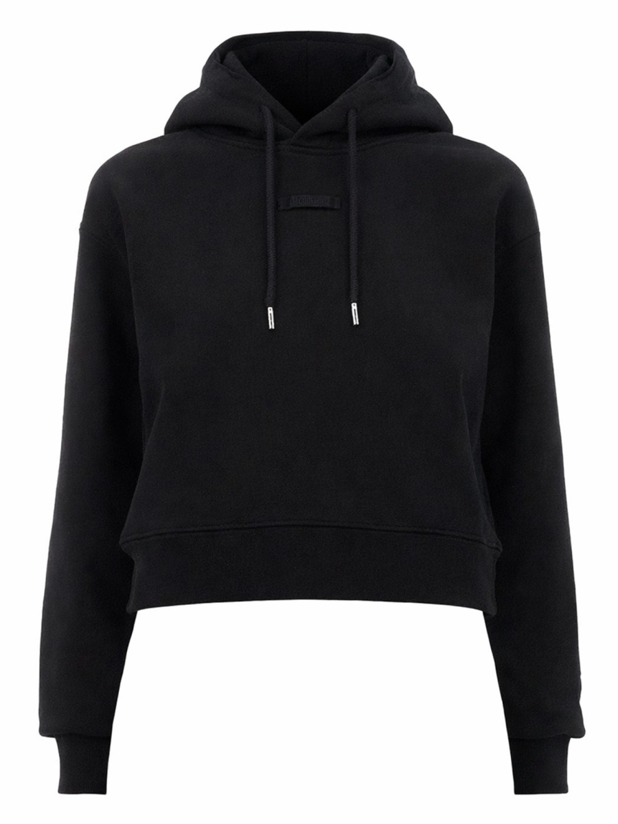 Jacquemus Grosgrain Black Cropped Minimalist Hoodie Zwart