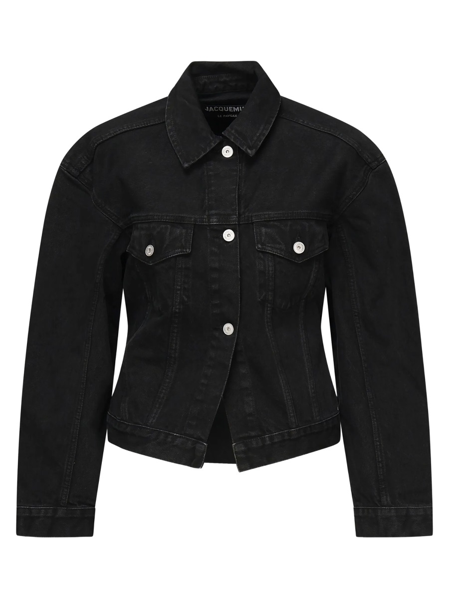 Jacquemus De-Nimes Cotton Cropped Back Cinched Denim Jacket Zwart