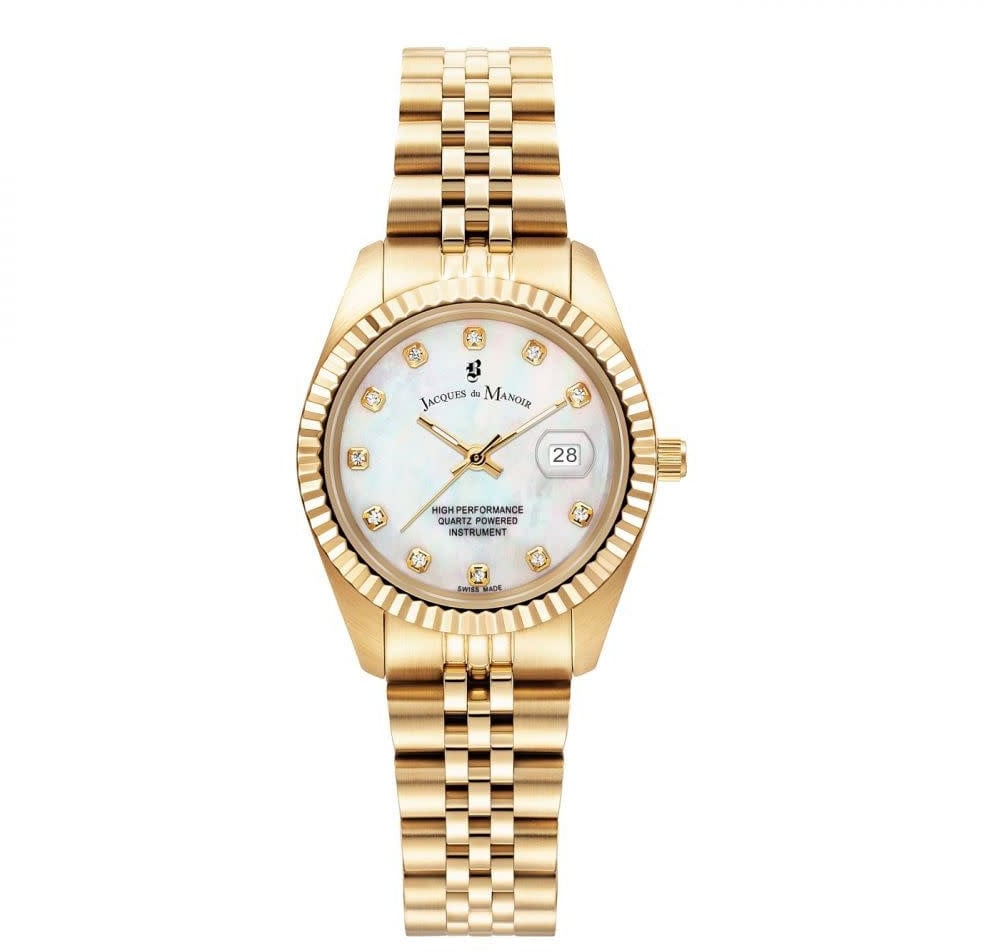 Jacques du Manoir Jacques du Manoir Horloge JWL01203 Staal met Geelgouden Plating Quartz Swiss made met Mother of Pearl Wijzerplaat 31mm Divers