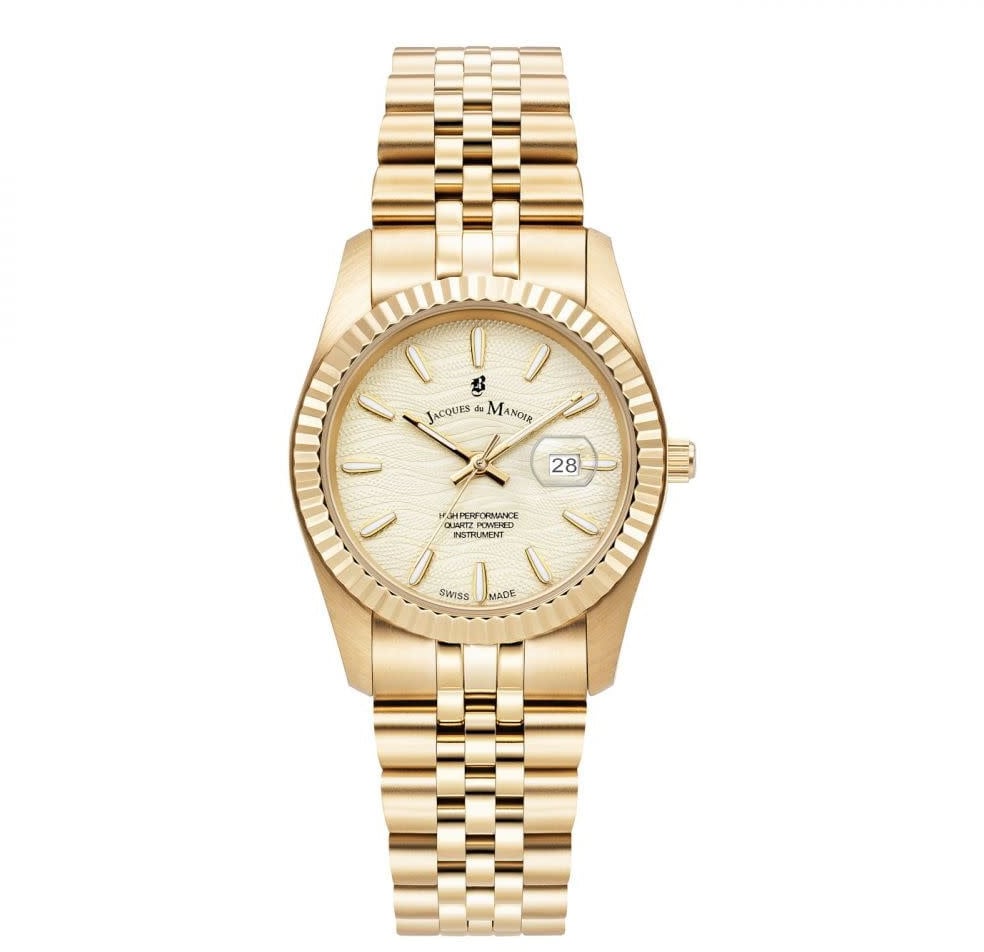 Jacques du Manoir Jacques du Manoir Horloge JWL01804 Staal met Geelgouden Plating en Gouden Reliëf Wijzerplaat 34mm Goud