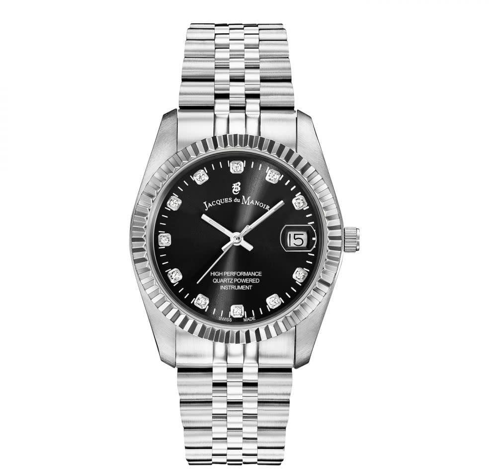 Jacques du Manoir Jacques du Manoir Horloge NRO.05 Inspiration Staal Quartz Swiss Made met Zwarte Wijzerplaat en Zirkonia 36mm Divers
