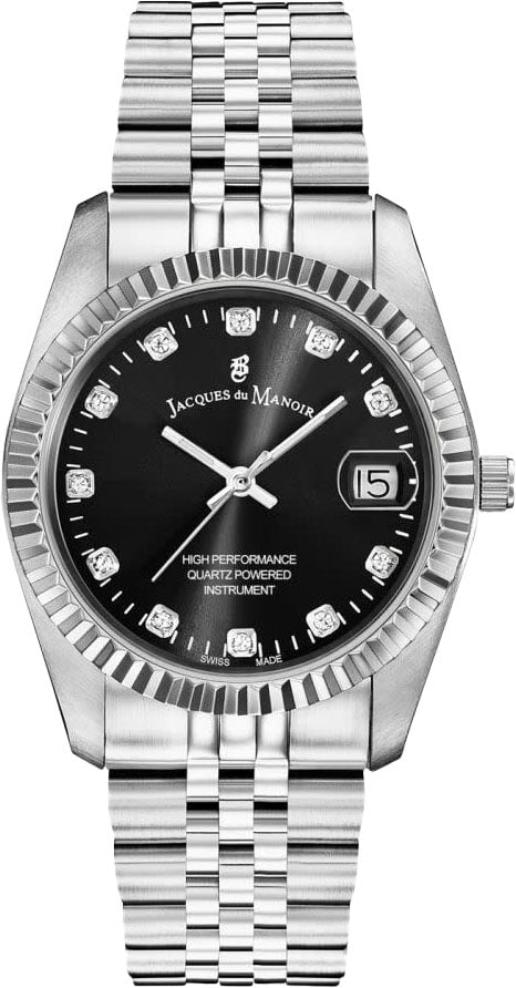 Jacques du Manoir Jacques du Manoir Horloge NRO.05 Inspiration Staal Quartz Swiss Made met Zwarte Wijzerplaat en Zirkonia 36mm Divers