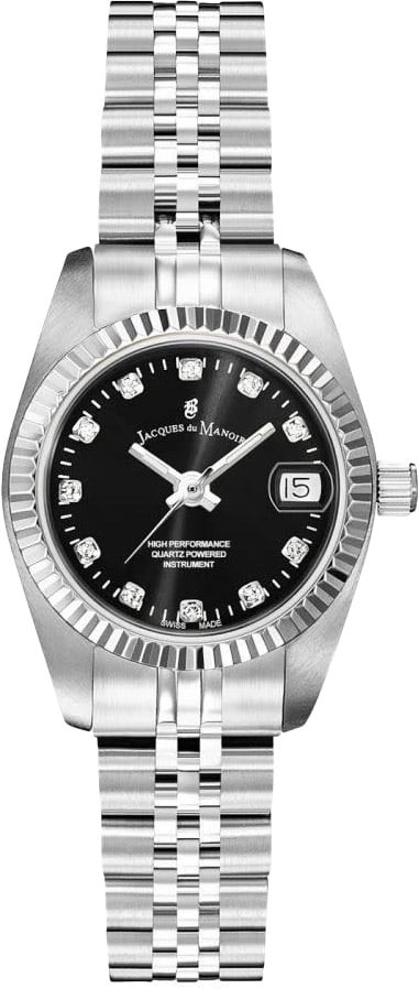 Jacques du Manoir Jacques du Manoir Horloge NRO.06 Inspiration Staal met Zwarte Wijzerplaat en Zirkonia 28mm Zilver