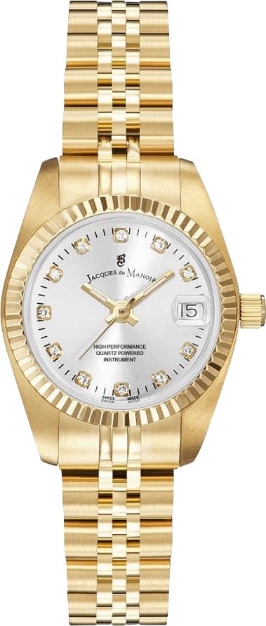 Jacques du Manoir Jacques du Manoir Horloge NRO.12 Staal met Geelgouden Plating en Zilveren Wijzerplaat met Zirkonia 26mm Goud