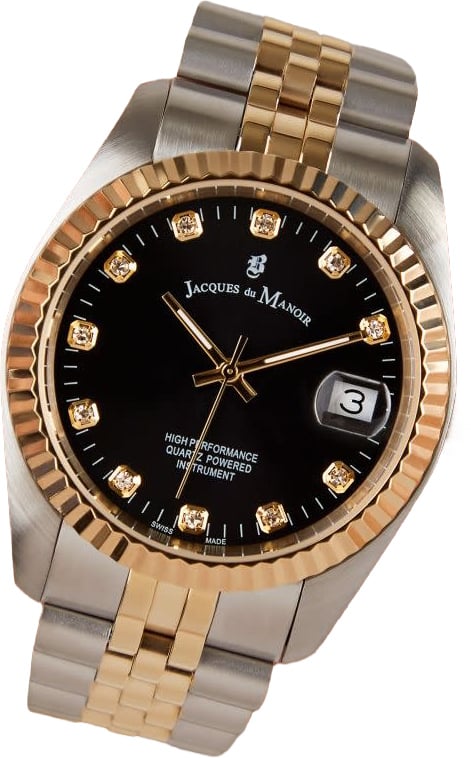 Jacques du Manoir Jacques du Manoir Horloge NRO.19 Staal Bi-color met Zwarte Wijzerplaat 36mm Goud