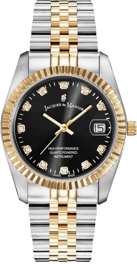 Jacques du Manoir Jacques du Manoir Horloge NRO.19 Staal Bi-color met Zwarte Wijzerplaat 36mm Goud