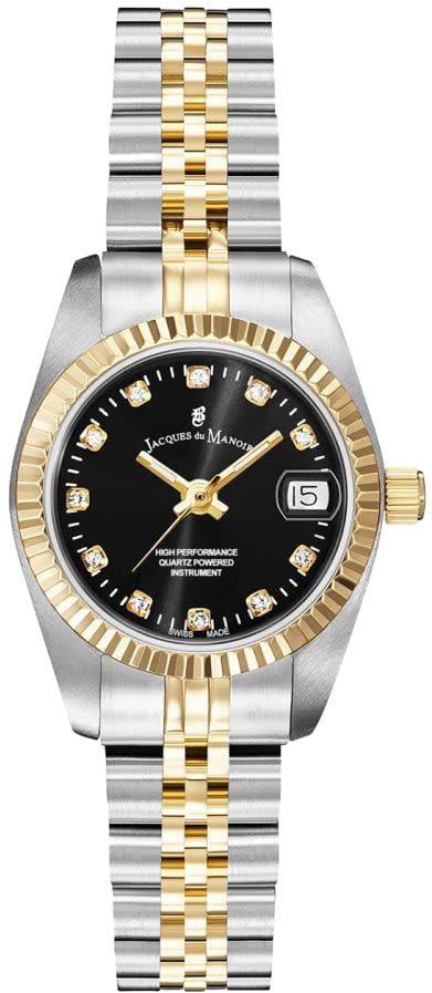 Jacques du Manoir Jacques du Manoir Dames Horloge NRO.20 Staal Bi-color met Zwarte Wijzerplaat en Zirkonia 26mm Goud