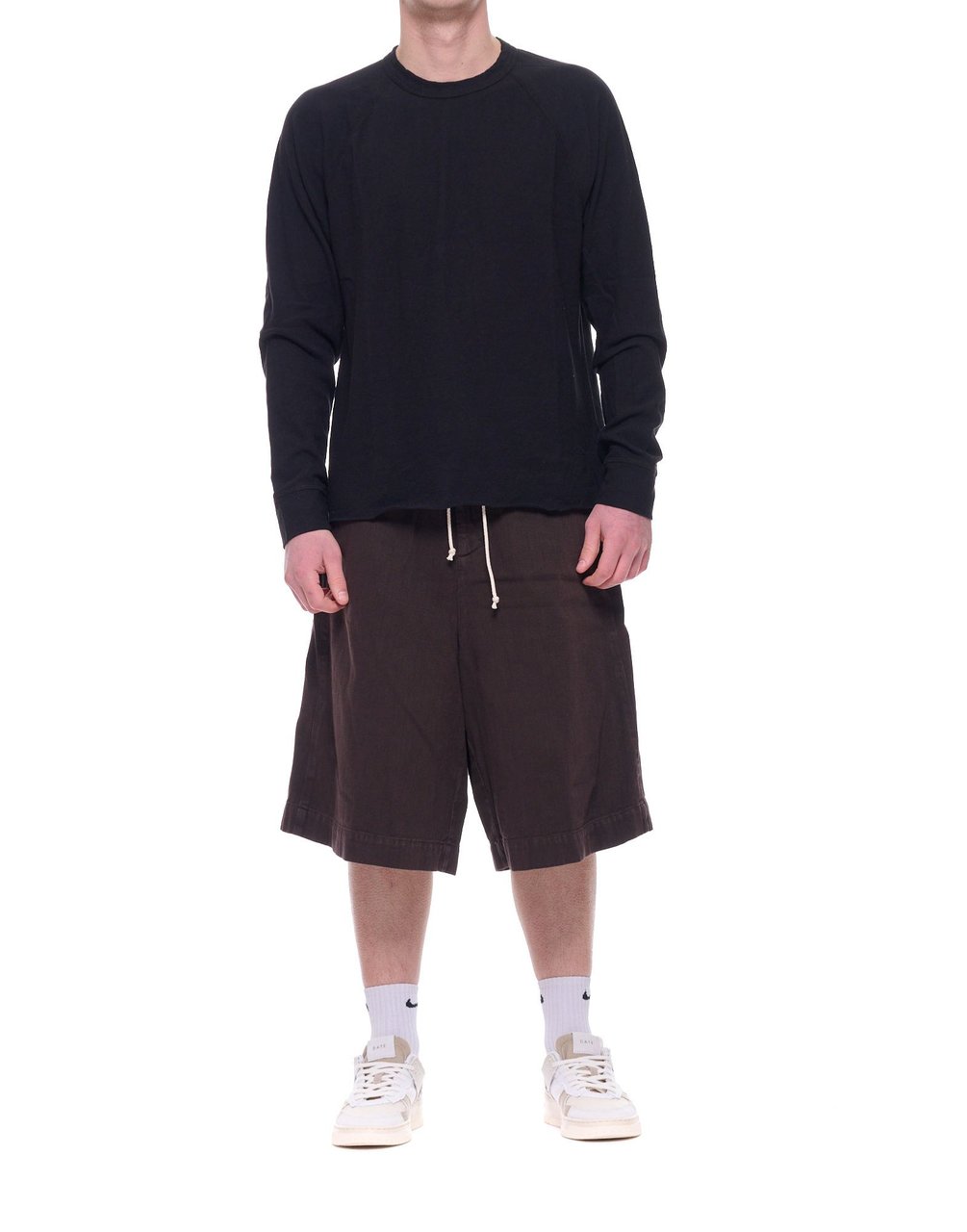 James Perse Black Cotton Long Sleeve Crew Pique T-Shirt Zwart