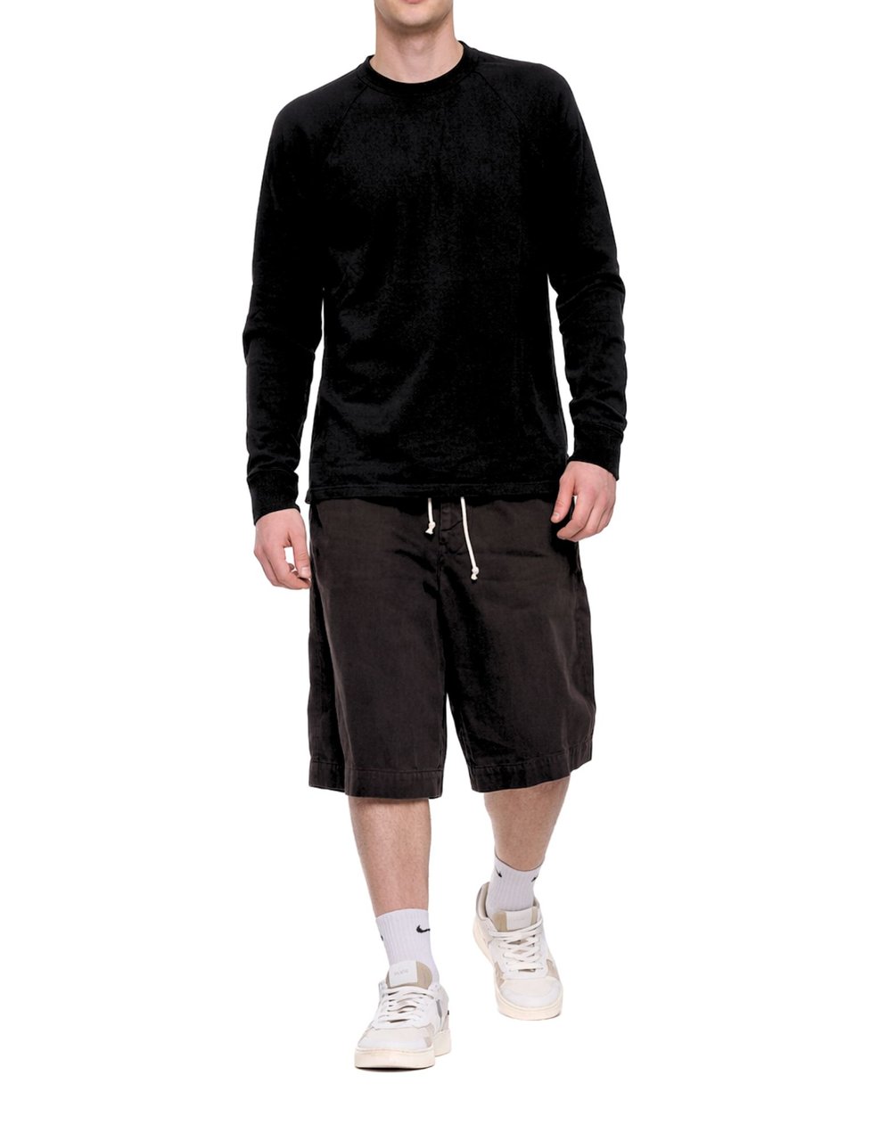 James Perse Black Cotton Long Sleeve Crew Pique T-Shirt Zwart