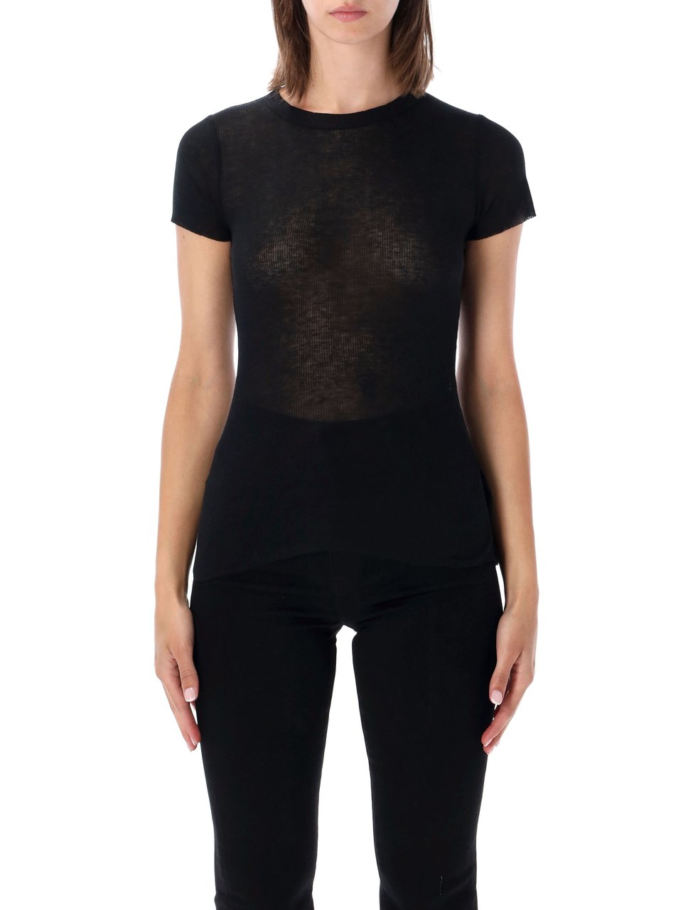 James Perse Short Sleeve Ribbed Cotton-Cashmere T-Shirt Zwart
