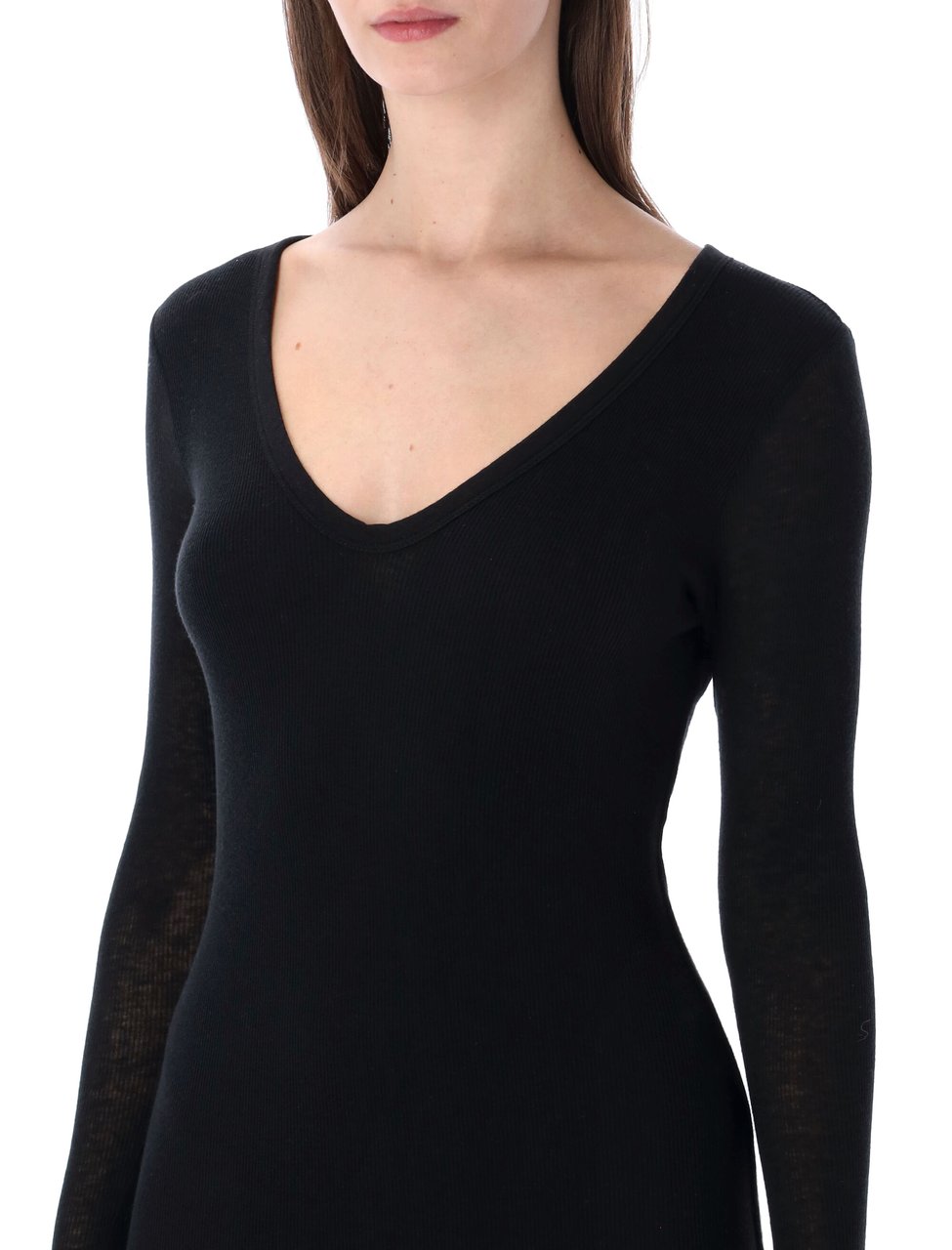 James Perse Deep V Cotton Cashmere Midi Dress Zwart