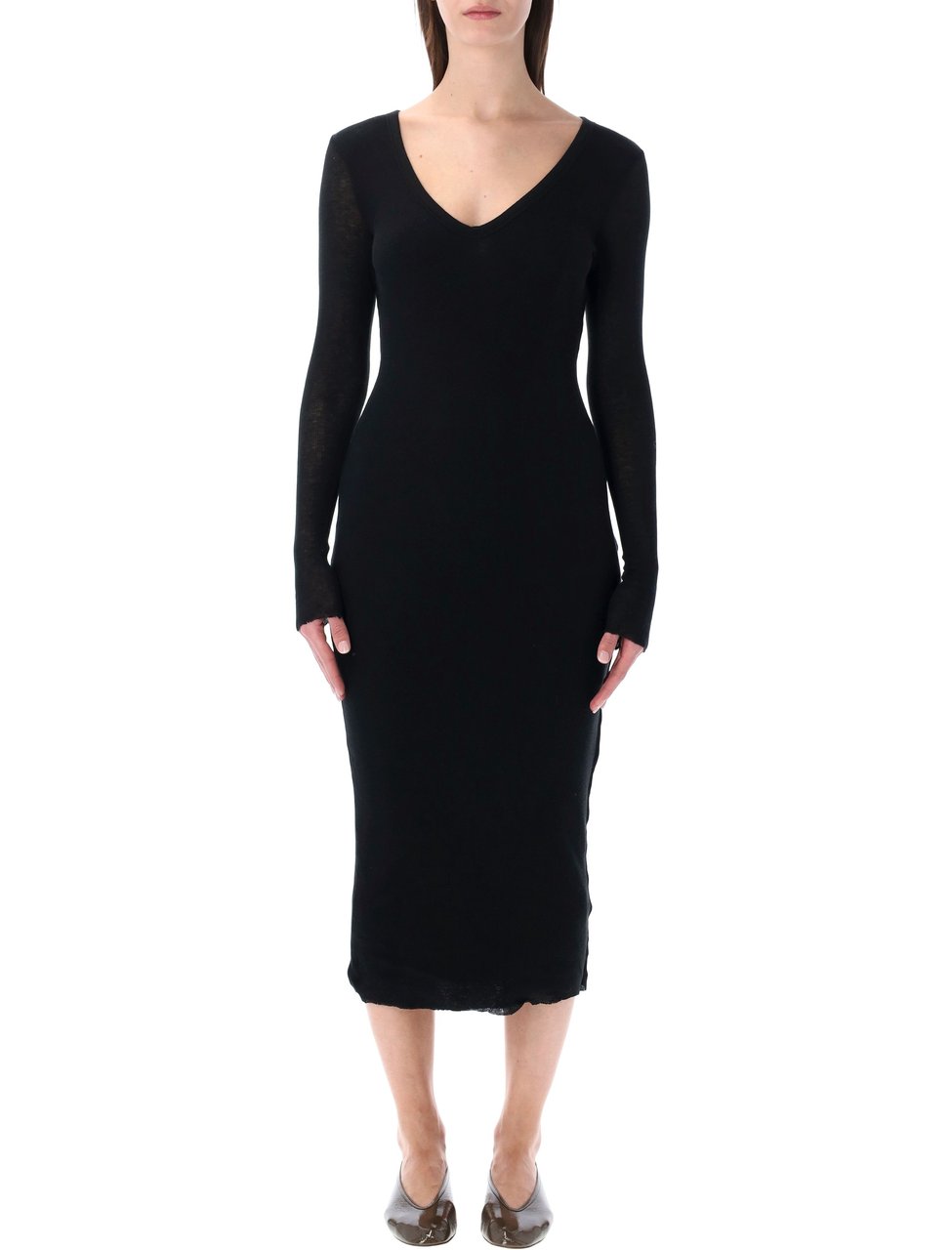 James Perse Deep V Cotton Cashmere Midi Dress Zwart