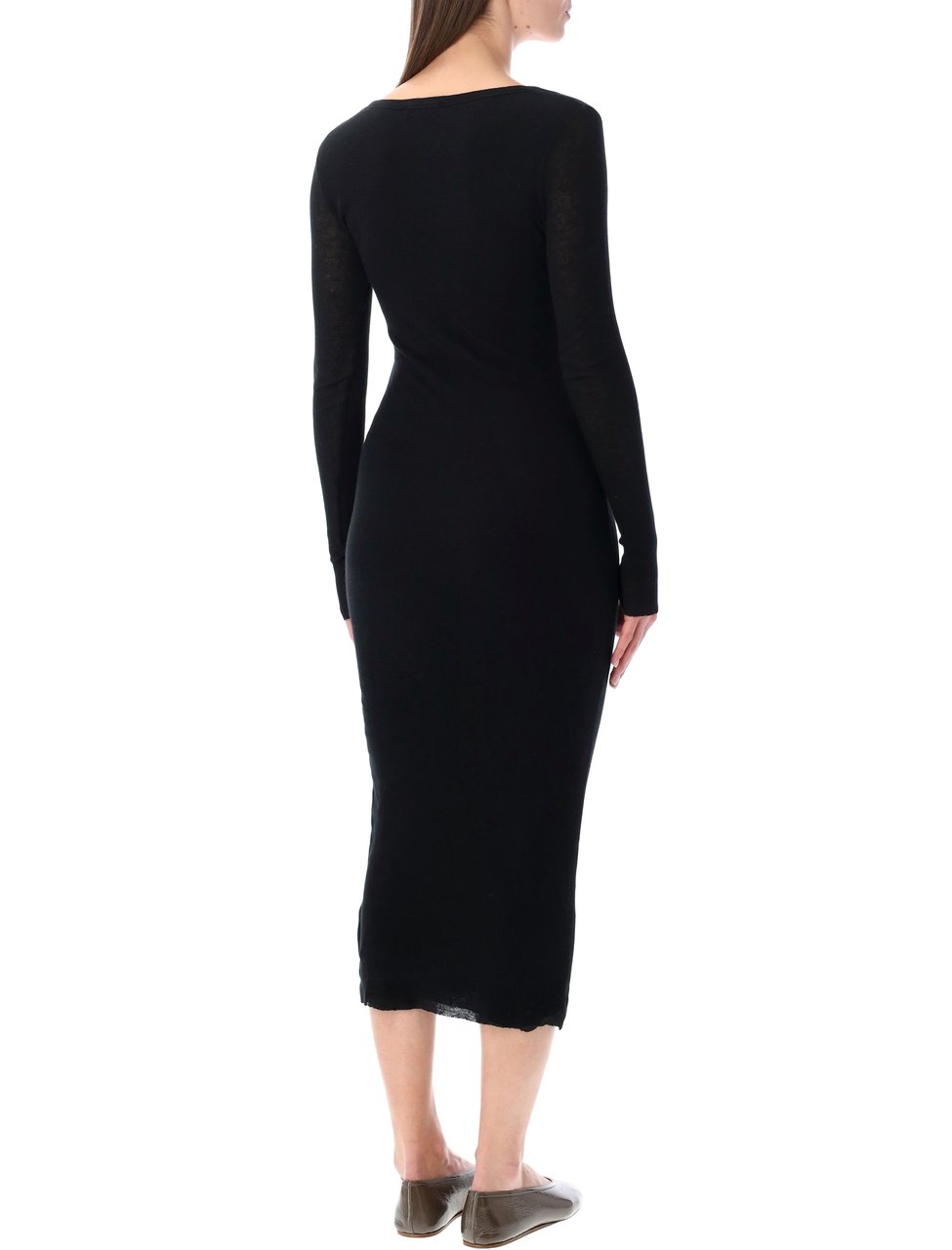 James Perse Deep V Cotton Cashmere Midi Dress Zwart