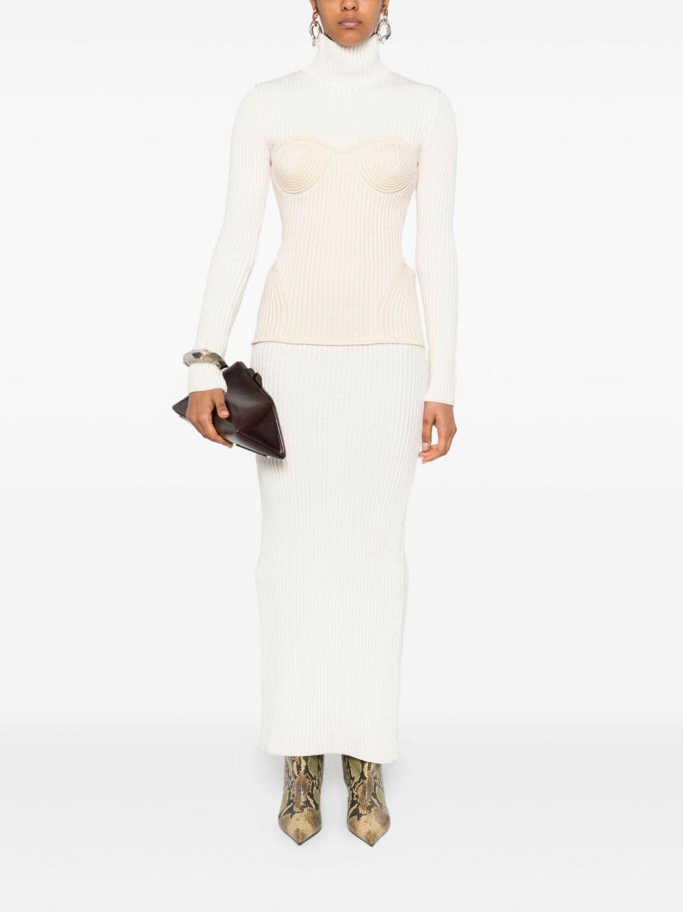 Jean Paul Gaultier Ankle-Length Off-White Ribbed Knit Dress Wit
