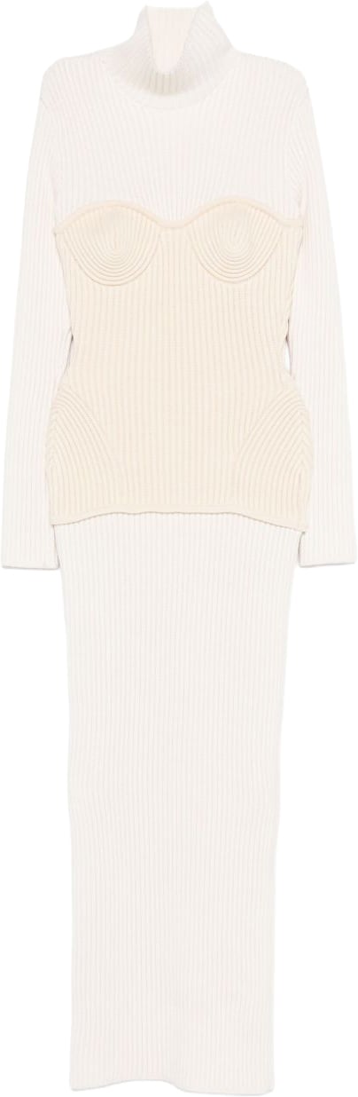 Jean Paul Gaultier Ankle-Length Off-White Ribbed Knit Dress Wit