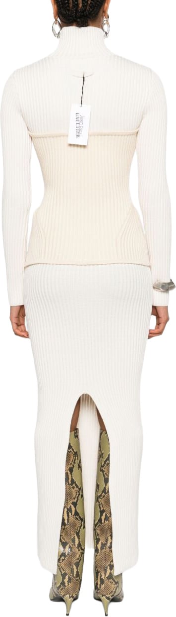 Jean Paul Gaultier Ankle-Length Off-White Ribbed Knit Dress Wit