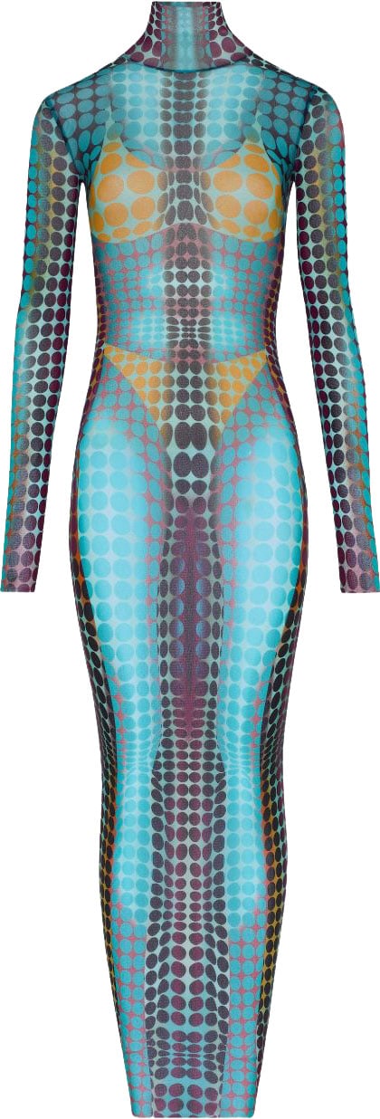 Jean Paul Gaultier High Neck Multicolored Polka Dot Maxi Dress Grijs