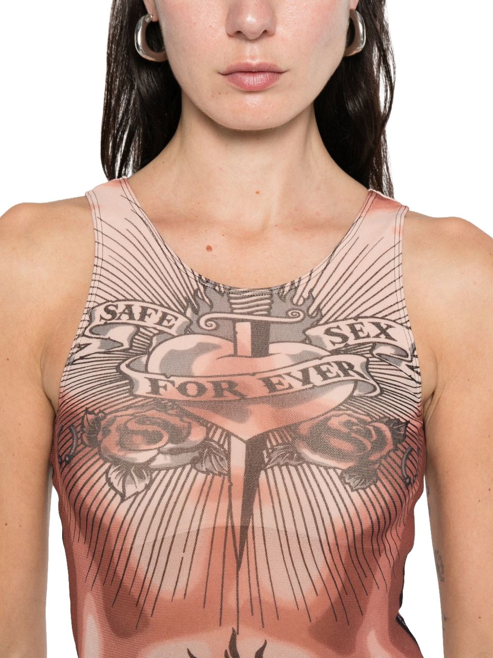 Jean Paul Gaultier Tattoo-Inspired Sheer Silk And Nylon Top Neutraal