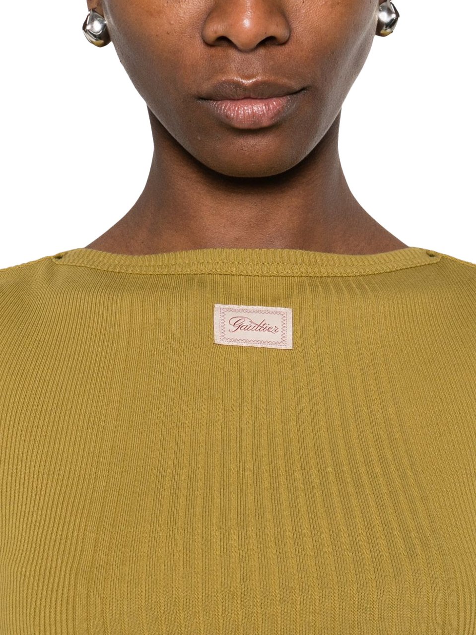 Jean Paul Gaultier Ribbed Short-Sleeved Crop Top with Boat Neckline Bruin