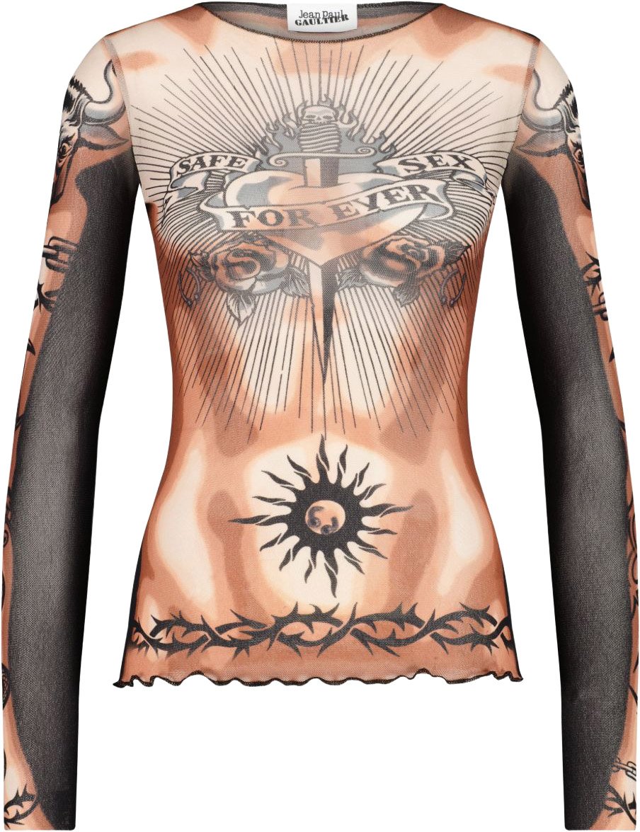 Jean Paul Gaultier Tattoo-Inspired Sheer Long-Sleeved Top With Bold Motifs Neutraal