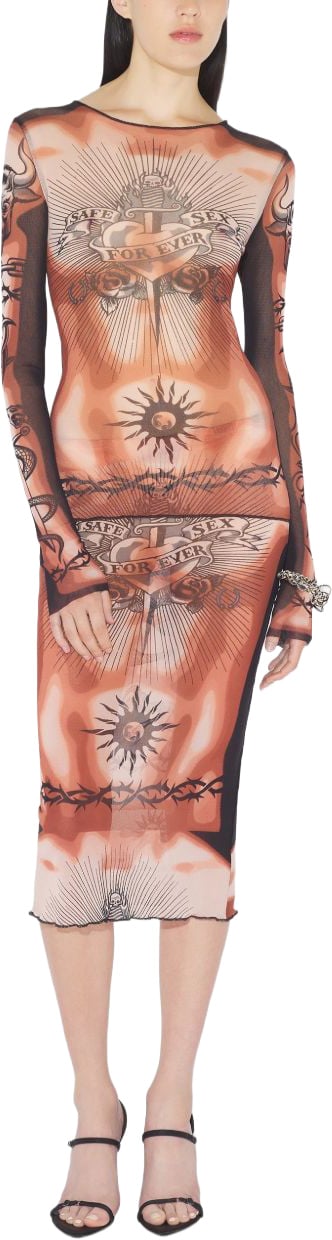 Jean Paul Gaultier Tattoo-Inspired Sheer Long-Sleeved Top With Bold Motifs Neutraal