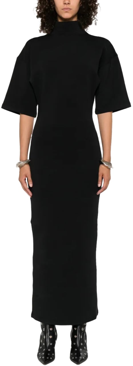 Jean Paul Gaultier Cotton High Neck Long Dress Printed "jpg" Black/darkgrey Zwart