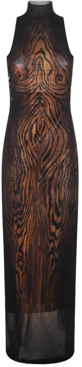 Jean Paul Gaultier Long Mesh Dress Double Layer Printed "wood" Black/brown Zwart