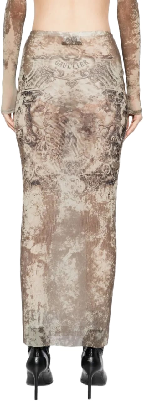 Jean Paul Gaultier Mesh Long Skirt Printed Médaillon Lightbeige/taupe Beige