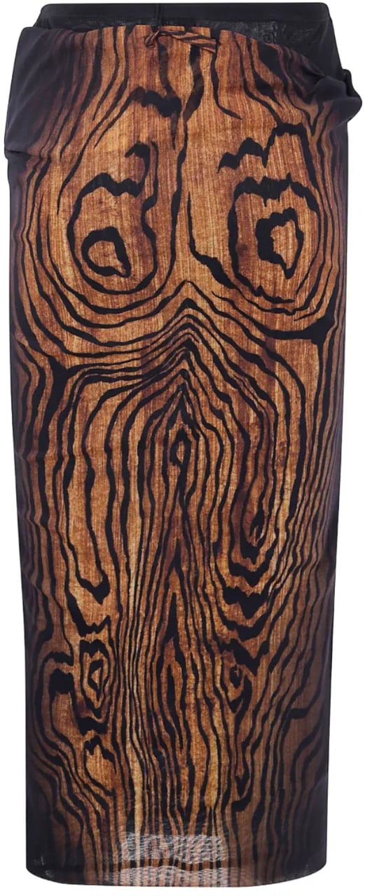 Jean Paul Gaultier Mesh Skirt Double Layer Printed "wood" Black/brown Zwart