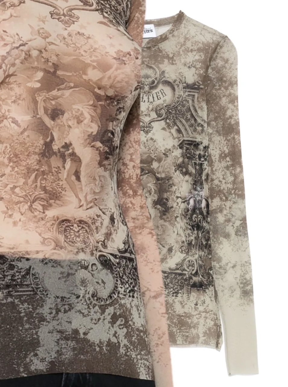 Jean Paul Gaultier Mesh Long Sleeves Top Printed "médaillon" Lightbeige/taupe Beige
