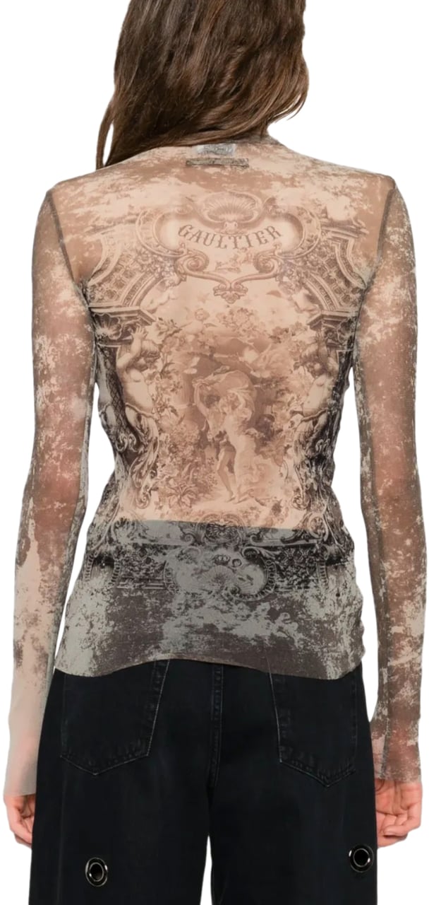 Jean Paul Gaultier Mesh Long Sleeves Top Printed "médaillon" Lightbeige/taupe Beige
