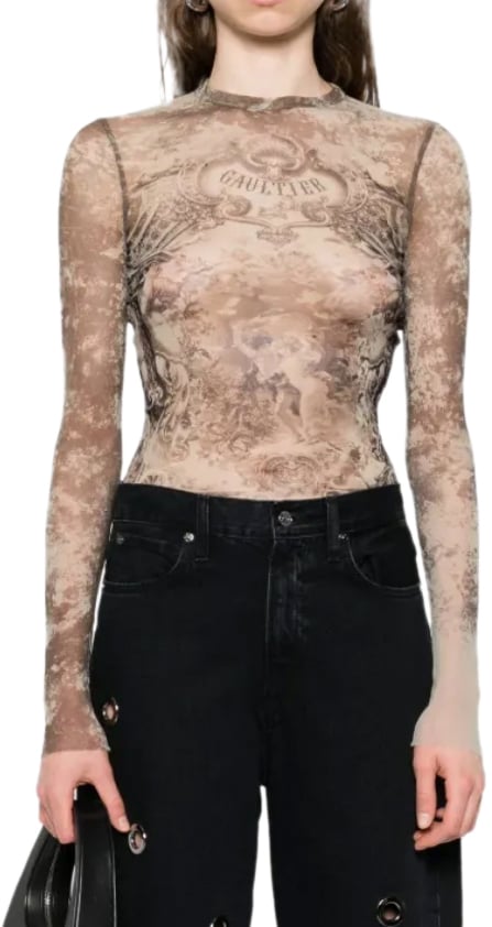 Jean Paul Gaultier Mesh Long Sleeves Top Printed "médaillon" Lightbeige/taupe Beige