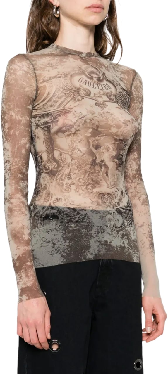 Jean Paul Gaultier Mesh Long Sleeves Top Printed "médaillon" Lightbeige/taupe Beige