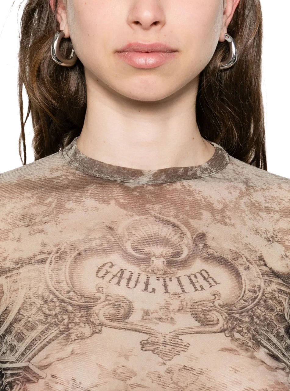 Jean Paul Gaultier Mesh Long Sleeves Top Printed "médaillon" Lightbeige/taupe Beige