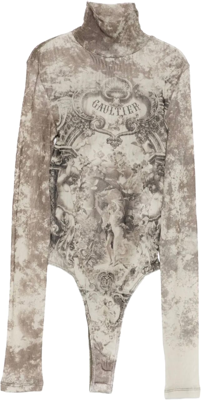 Jean Paul Gaultier Mesh Body With Open Back Printed "médaillon" Lightbeige/taupe Beige