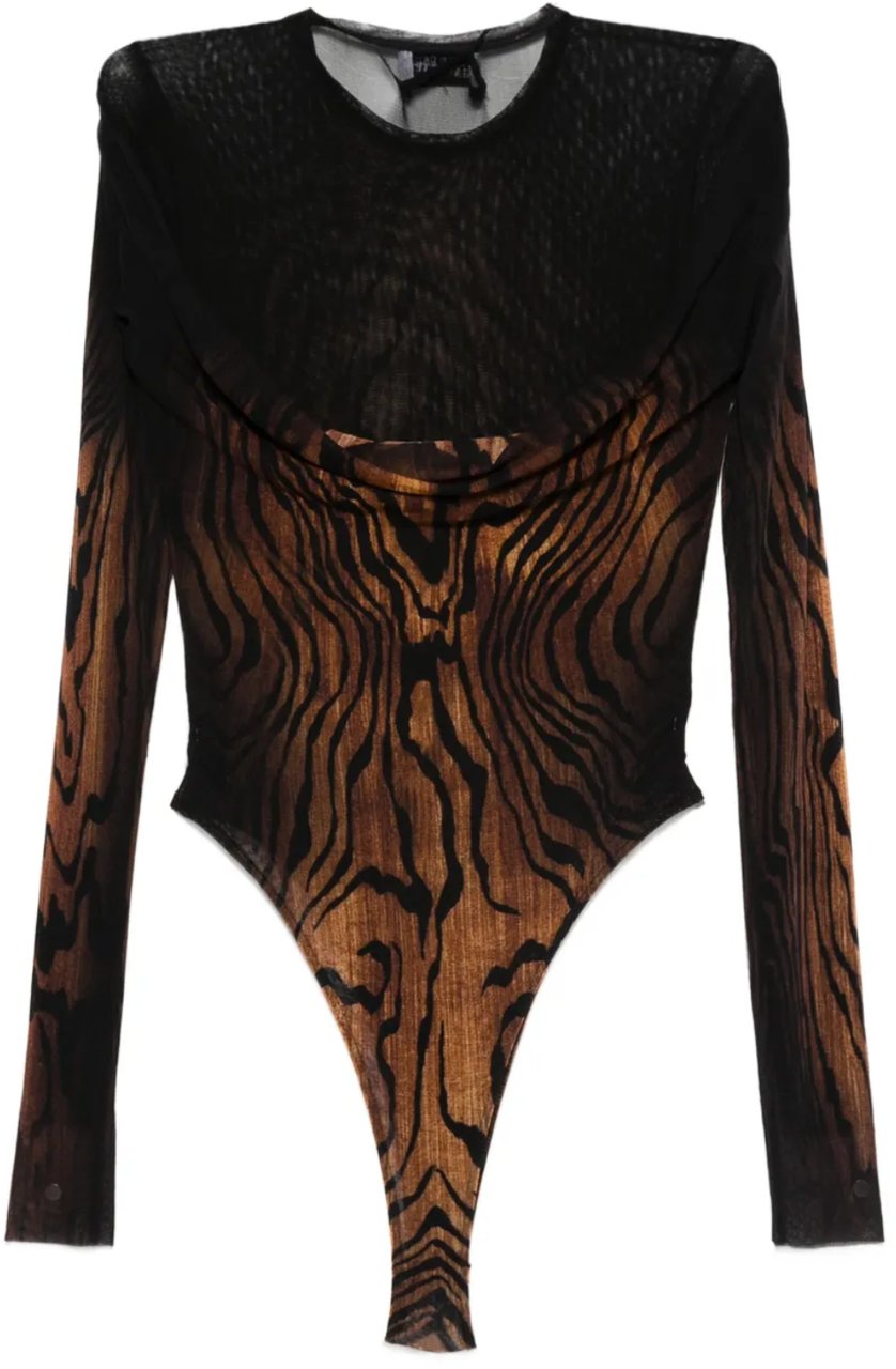 Jean Paul Gaultier Mesh Body Double Layer Printed "wood" Black/brown Zwart