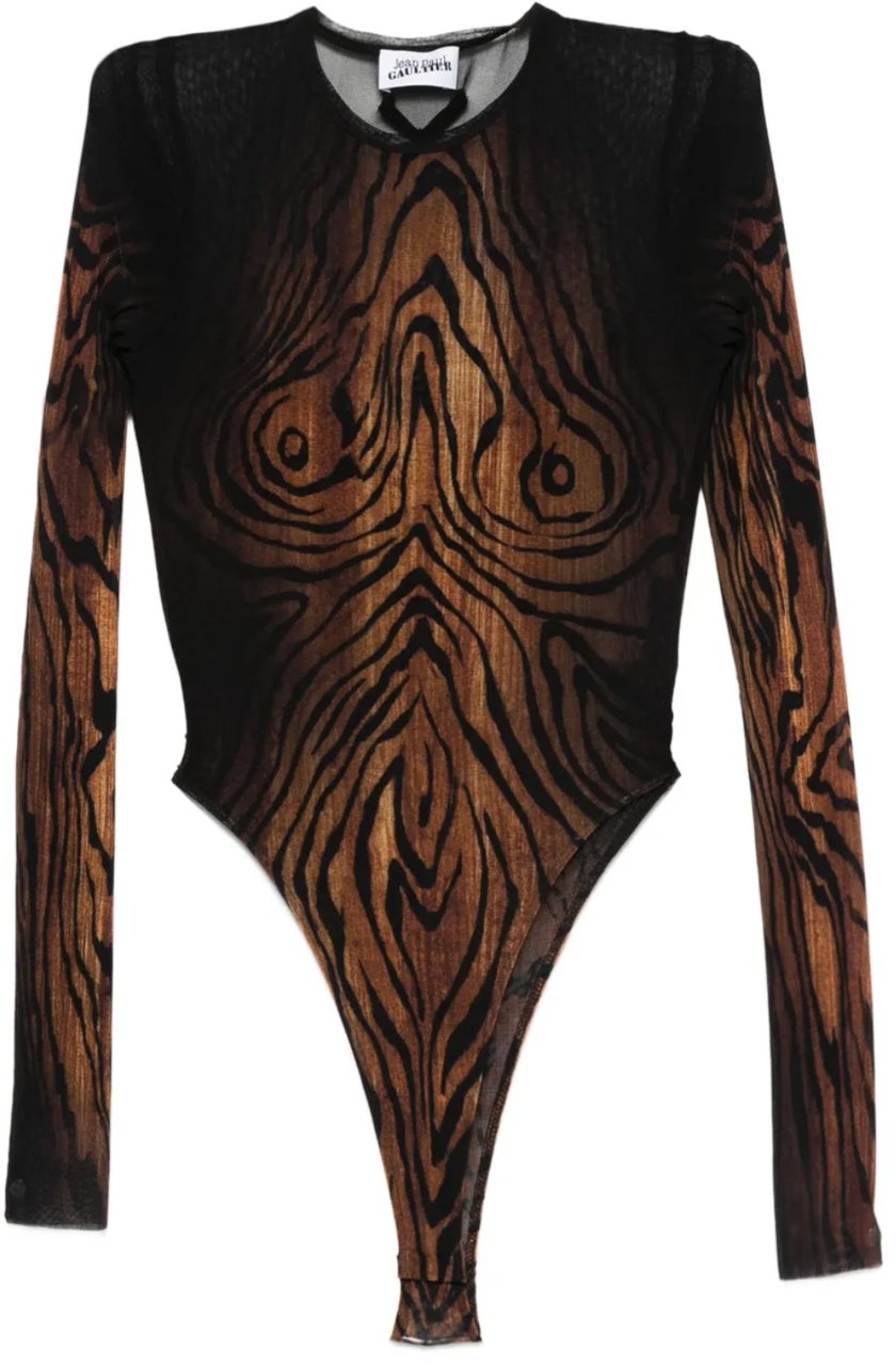 Jean Paul Gaultier Mesh Body Double Layer Printed "wood" Black/brown Zwart
