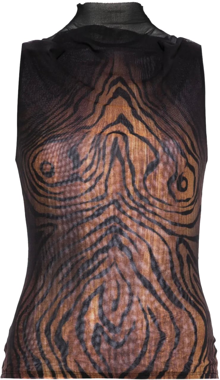 Jean Paul Gaultier Mesh High Neck Tank Top Double Layer Printed "wood" Black/brown Zwart