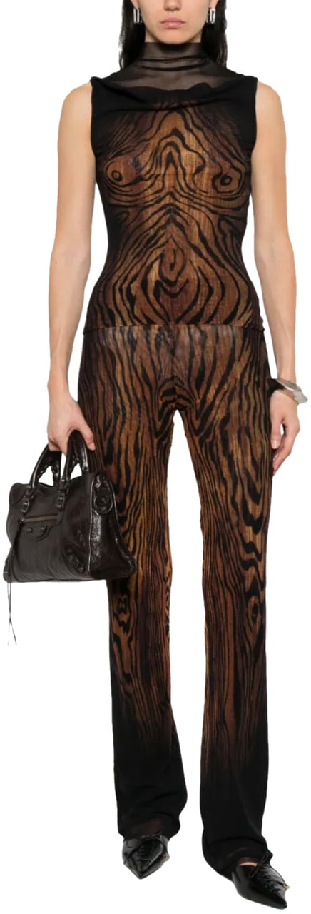 Jean Paul Gaultier Mesh High Neck Tank Top Double Layer Printed "wood" Black/brown Zwart