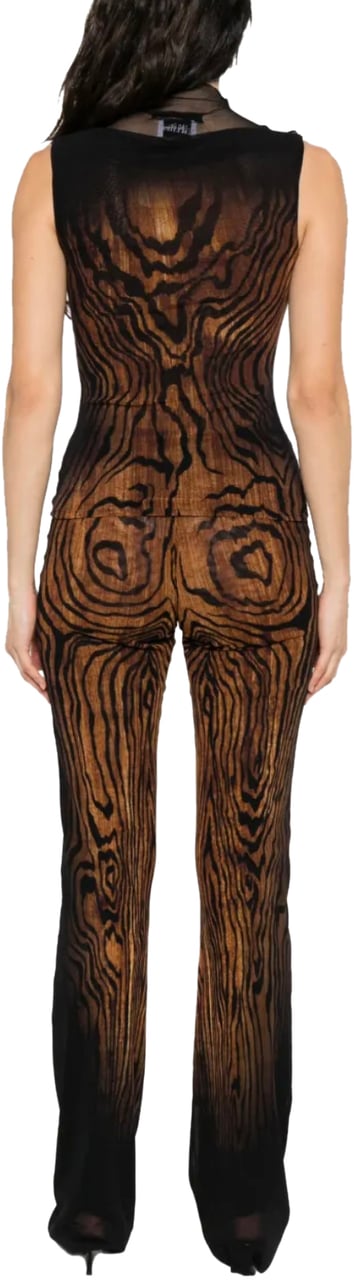 Jean Paul Gaultier Mesh High Neck Tank Top Double Layer Printed "wood" Black/brown Zwart