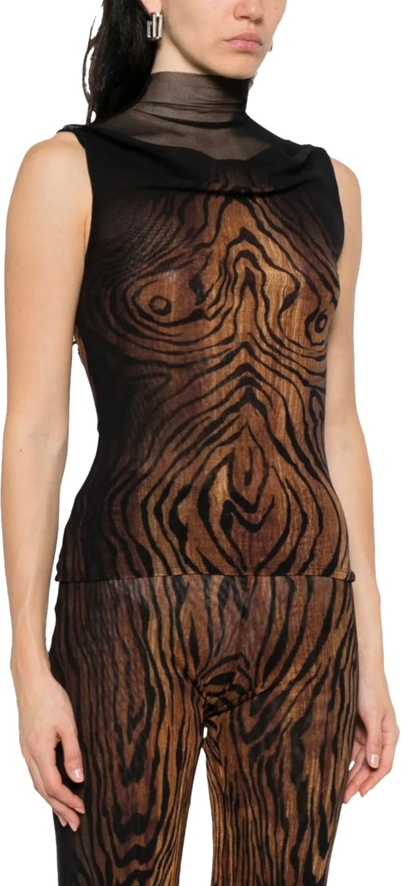 Jean Paul Gaultier Mesh High Neck Tank Top Double Layer Printed "wood" Black/brown Zwart