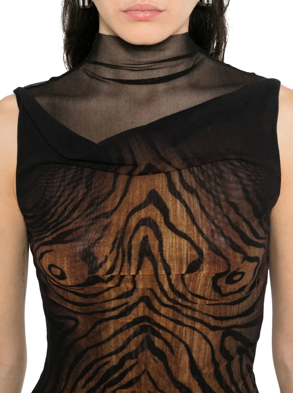 Jean Paul Gaultier Mesh High Neck Tank Top Double Layer Printed "wood" Black/brown Zwart