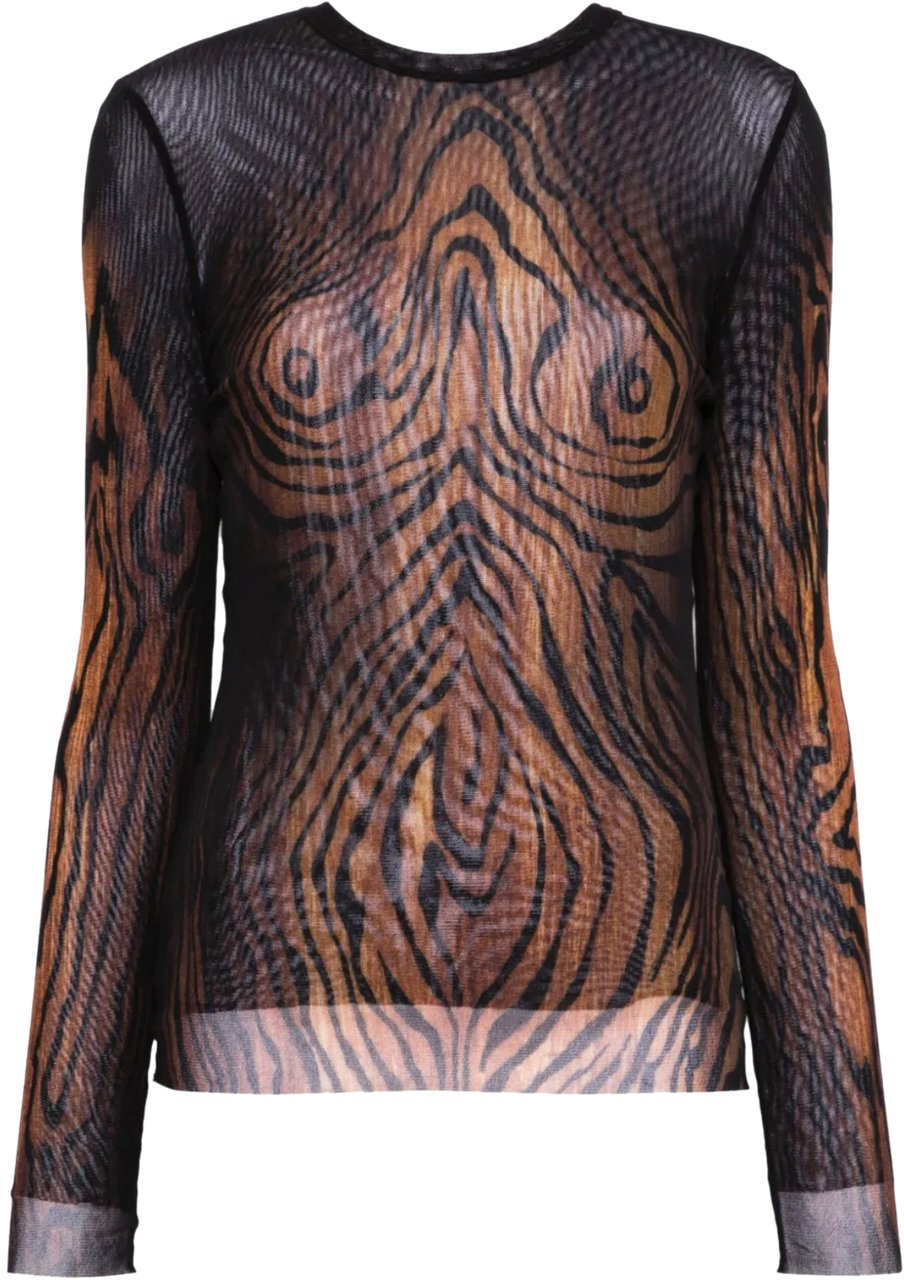 Jean Paul Gaultier Mesh Long Sleeves Top Printed "wood" Black/brown Zwart
