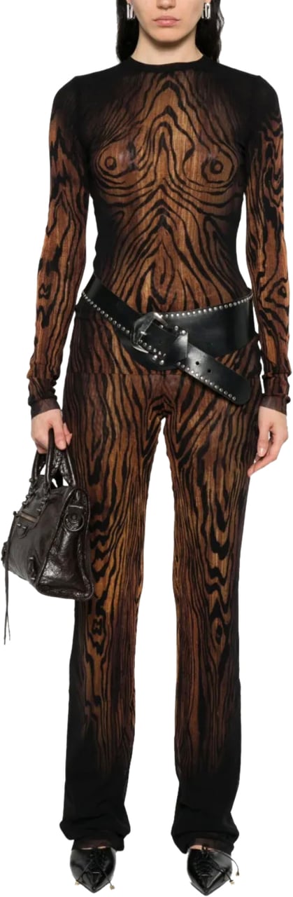 Jean Paul Gaultier Mesh Long Sleeves Top Printed "wood" Black/brown Zwart