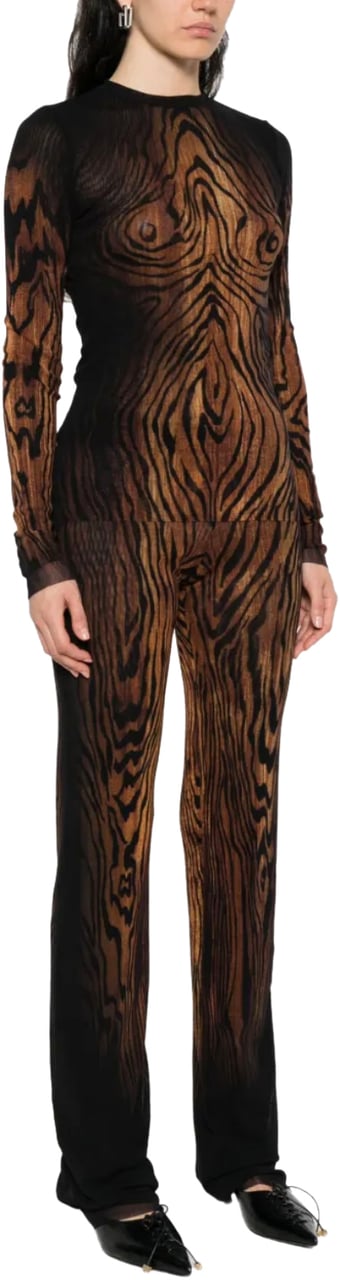 Jean Paul Gaultier Mesh Long Sleeves Top Printed "wood" Black/brown Zwart