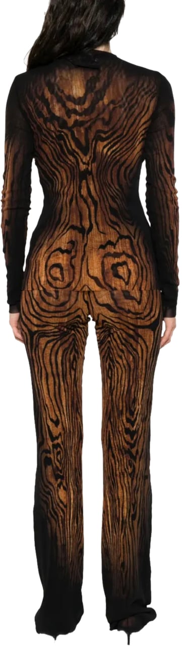 Jean Paul Gaultier Mesh Long Sleeves Top Printed "wood" Black/brown Zwart