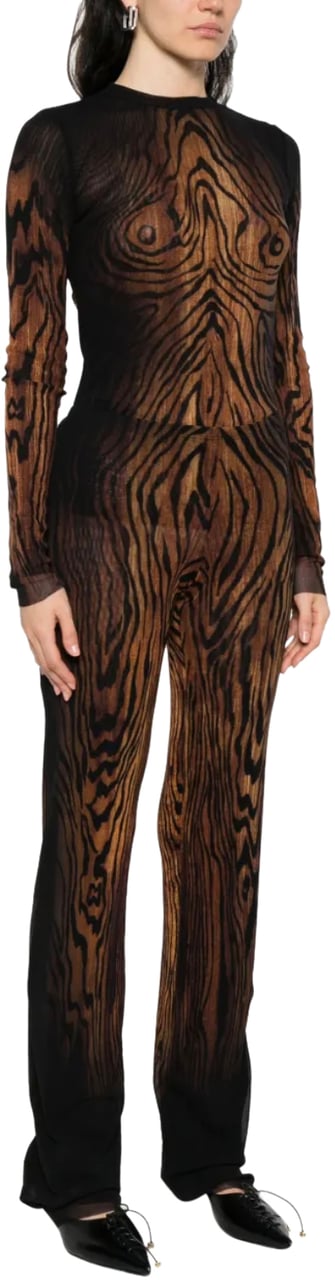 Jean Paul Gaultier Mesh Trouser Printed "wood" Black/brown Zwart