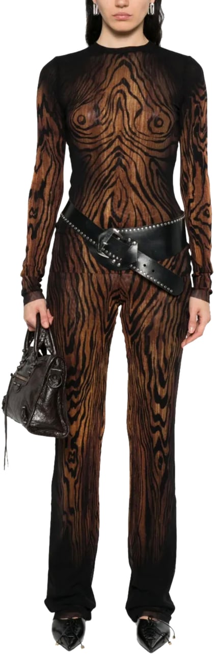 Jean Paul Gaultier Mesh Trouser Printed "wood" Black/brown Zwart