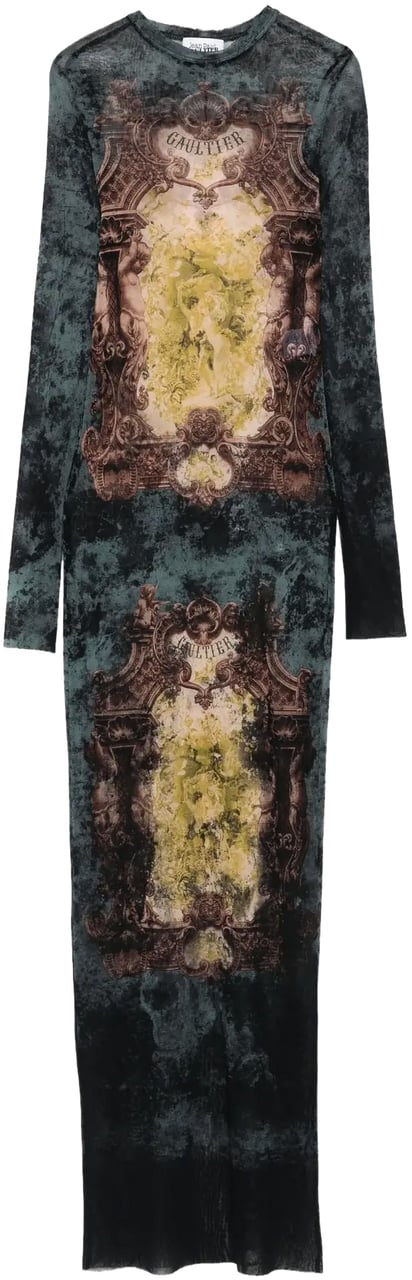 Jean Paul Gaultier Mesh Long Dress Printed "médaillon" Black/vintageblue/green Groen